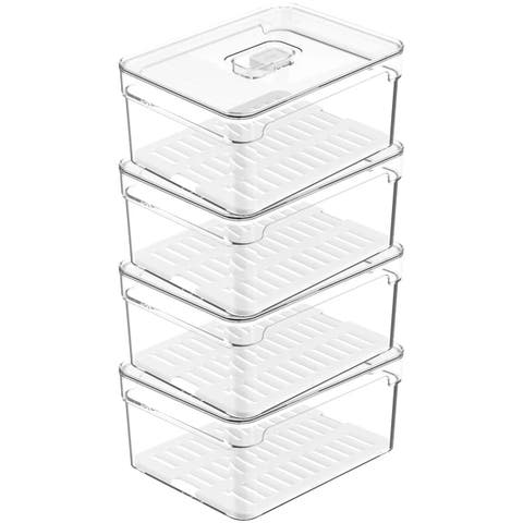 Clear Stackable Fridge Organizer Bin with Drain Tray and Vented Lid, 4 Pack