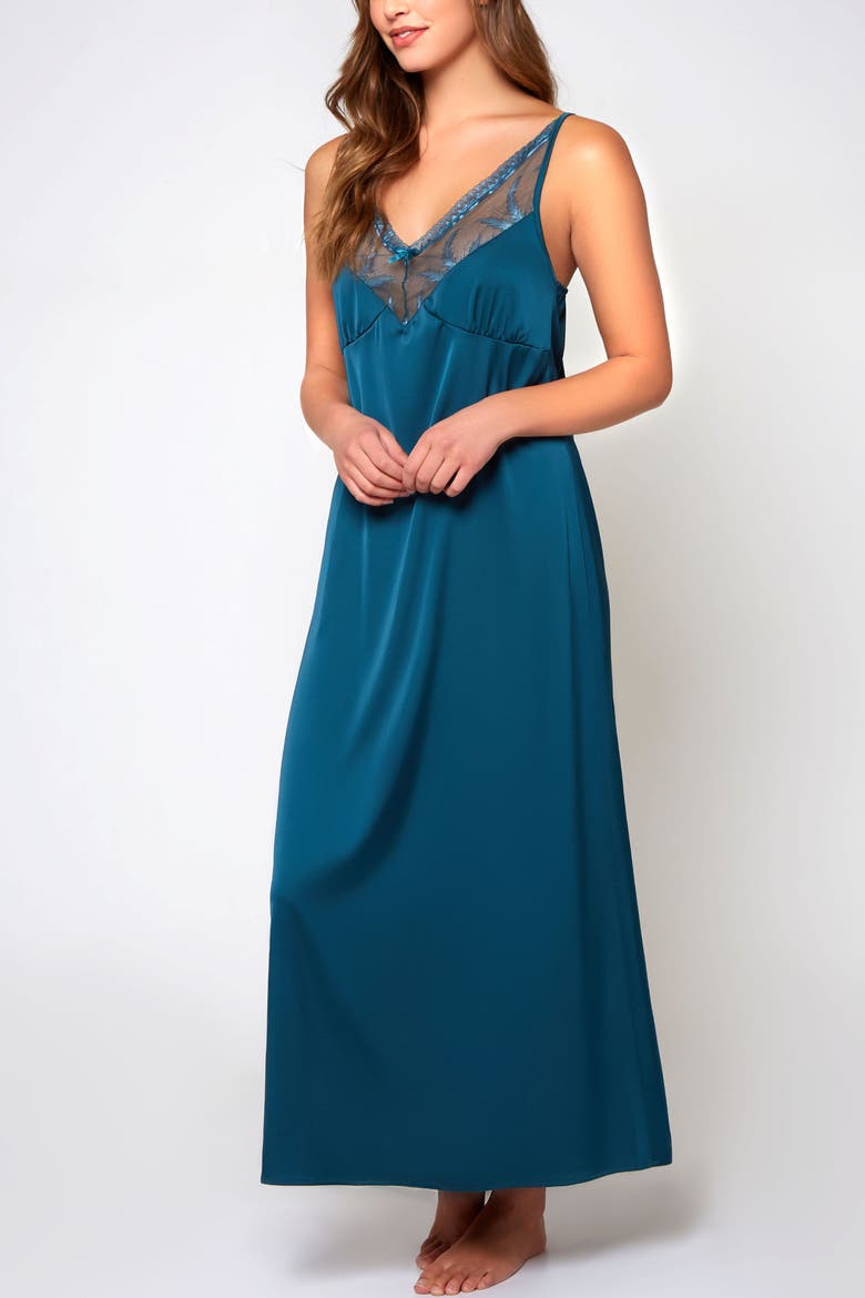 Satin Embroidered Mesh Long Nightgown, Alternate, color, Teal