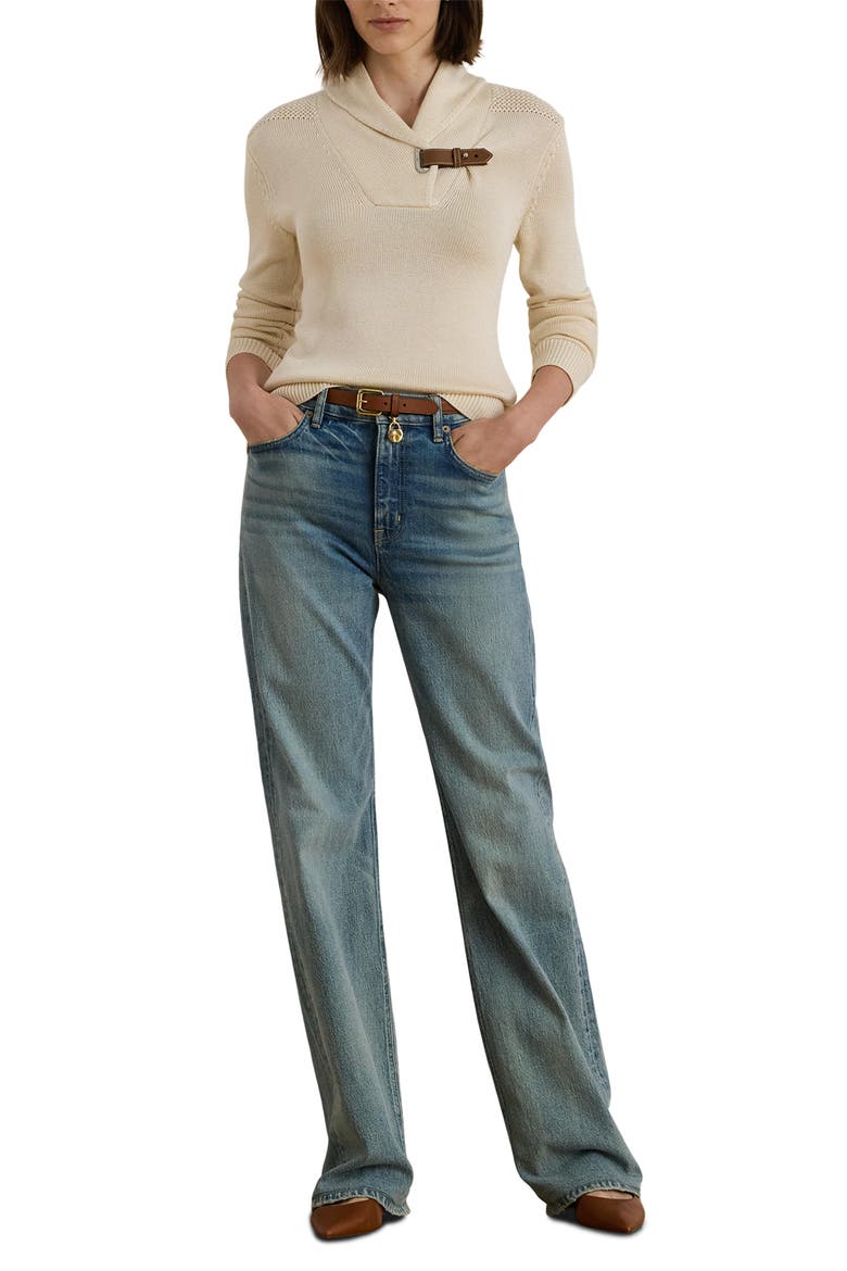 Buckle Shawl Collar Cotton Blend Sweater, Alternate, color, MASCARPONE CREAM