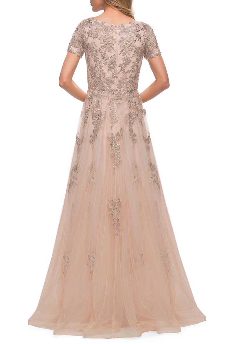 A Line Tulle and Lace Gown with Short Sleeves, Alternate, color, NUDE