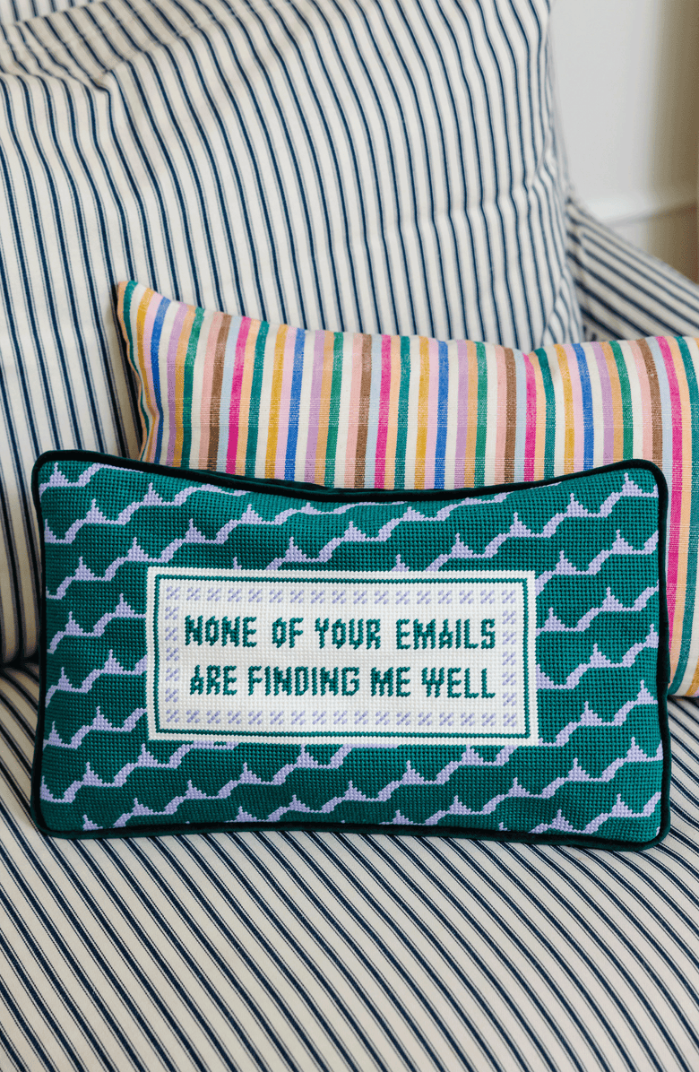 Furbish Emails Finding Me Needlepoint Pillow, Alternate, color, Dark Green