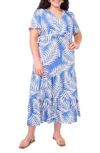 Vince Camuto Palm Print Tiered Maxi Dress In Blue