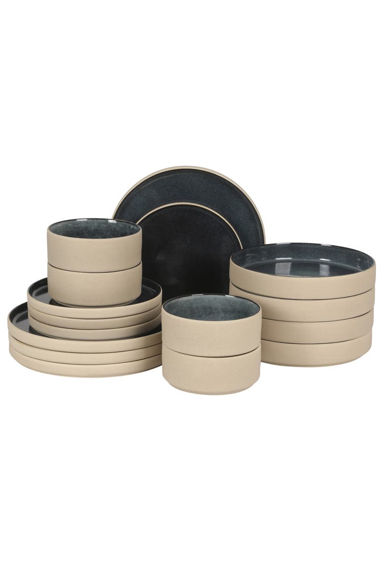 Liberty Bay 16-Piece Stoneware Stackable Plates and Double Bowl Dinnerware Set, Main, color, Blue