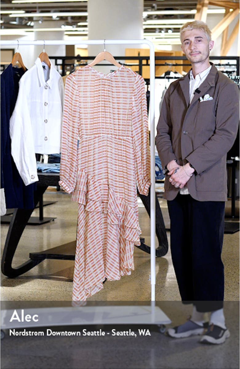 Bea Print Ruffle Asymmetric Long Sleeve Silk Midi Dress, sales video thumbnail