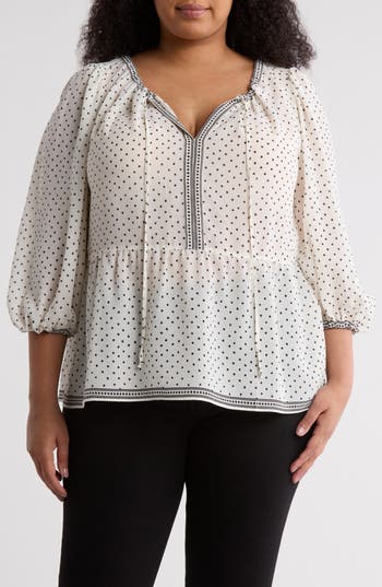MAX STUDIO MAX STUDIO DOT PRINT TIE KEYHOLE LONG SLEEVE TOP