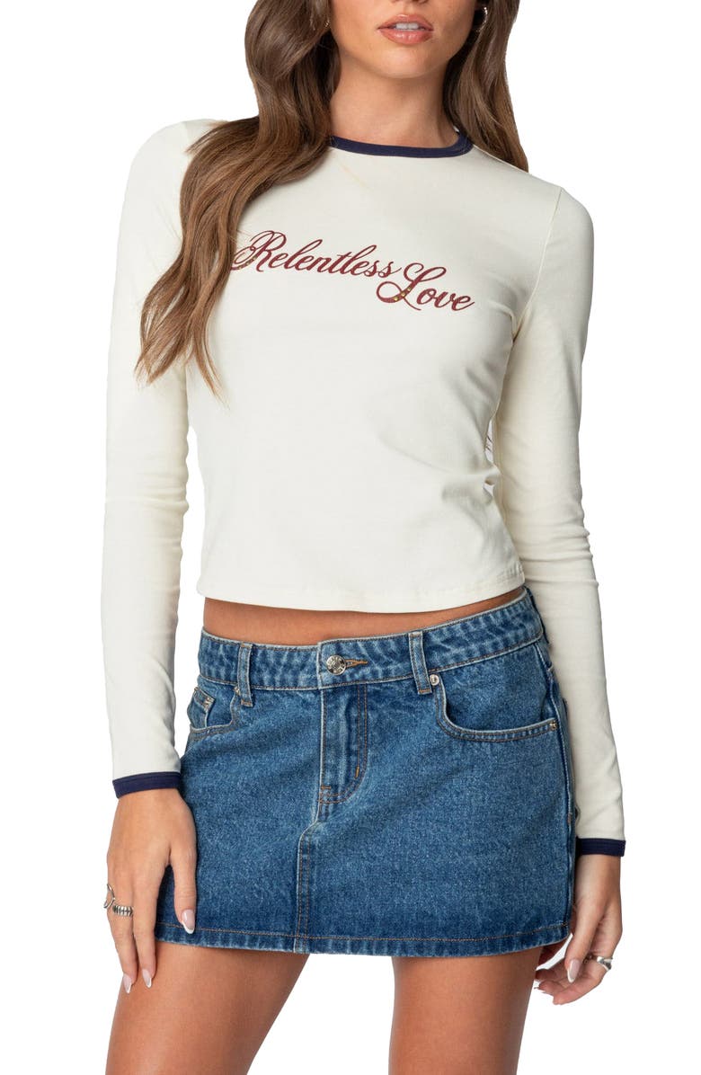 EDIKTED Relentless Long Sleeve Ringer Graphic T-Shirt, Main, color, Cream