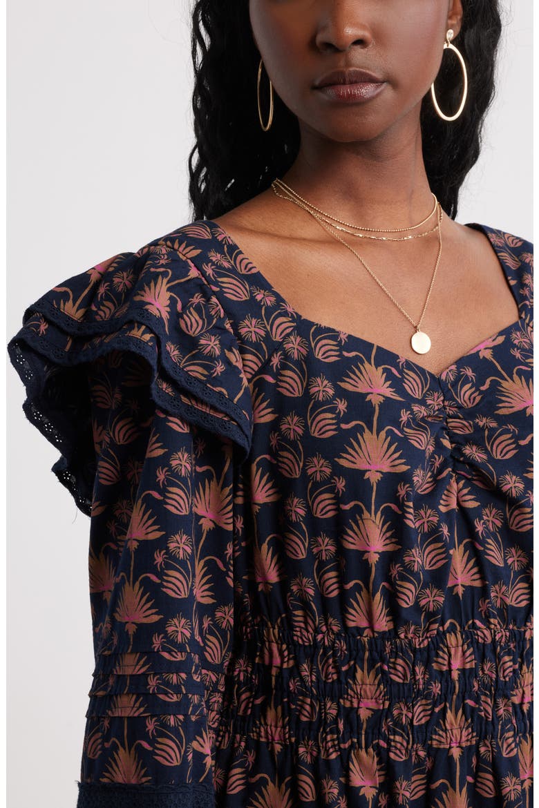 Double Ruffle Long Sleeve Maxi Dress, Alternate, color, NAVY- PINK PALM GEO