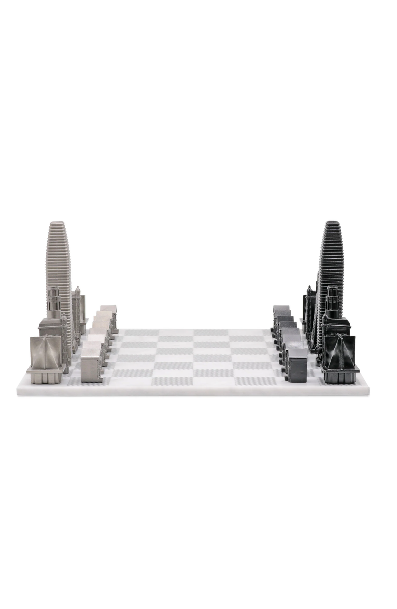 SKYLINE CHESS Chess Set Stainless Steel San Francisco Edition with Marble Hatch Board, Alternate, color, White
