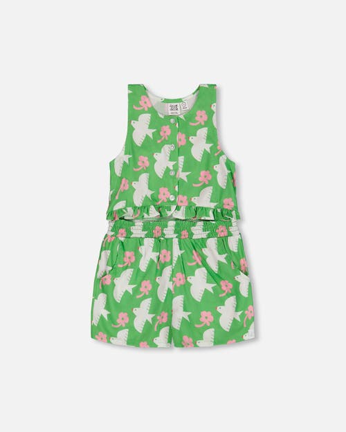 DEUX PAR DEUX DEUX PAR DEUX LITTLE GIRL'S PRINTED ROMPER WITH FRILLS GREEN WITH WHITE AND PINK BIRD 