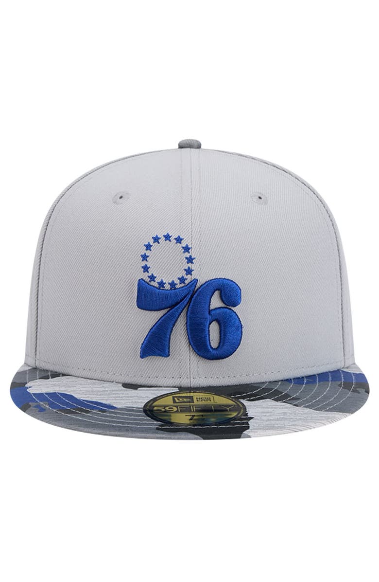 New Era Men's New Era Gray Philadelphia 76ers Active Color Camo Visor 59FIFTY Fitted Hat, Alternate, color, Gray