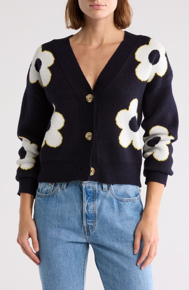 INDUSTRY REPUBLIC CLOTHING Floral Jacquard Cardigan, Main, color, Navy White Citron