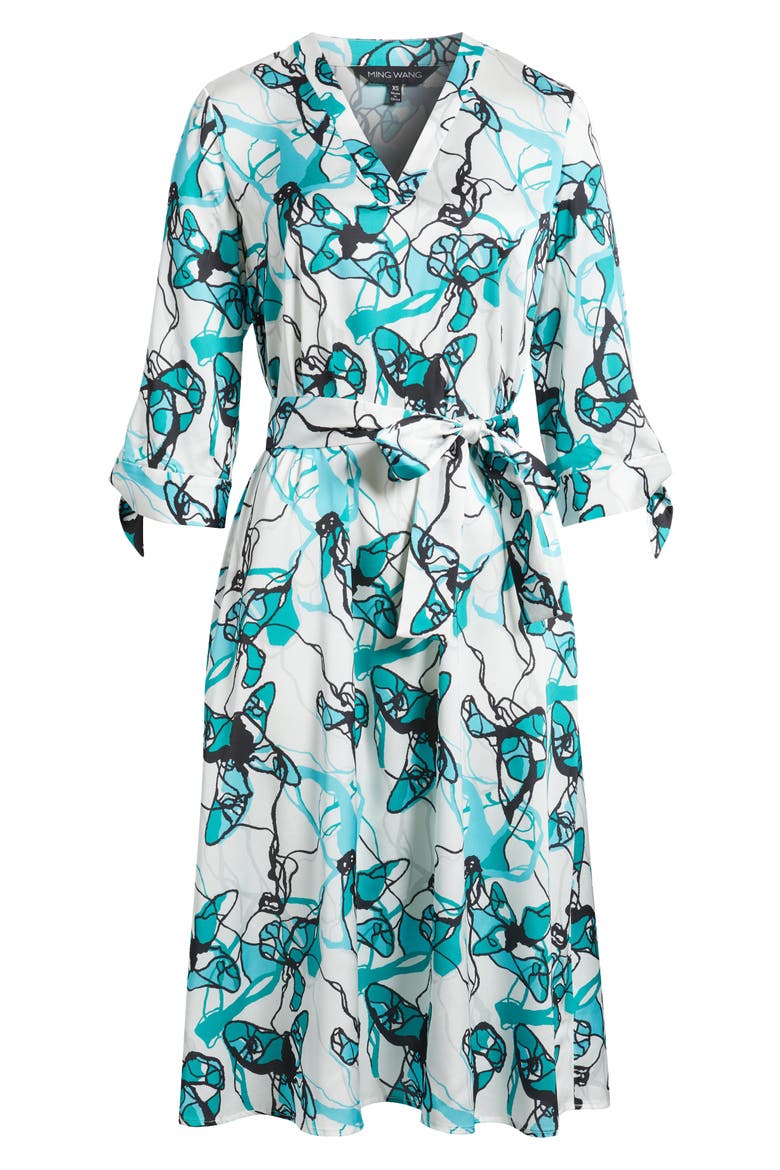Abstract Print Tie Waist A-Line Midi Dress, Alternate, color, EMERALD AWE MULTI