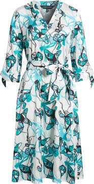 Ming Wang Abstract Print Tie Waist A-Line Midi Dress