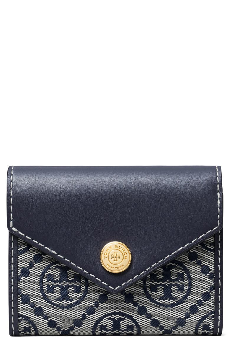Tory Burch Small T Monogram Jacquard & Leather Trifold Envelope Wallet, Main, color, Tory Navy