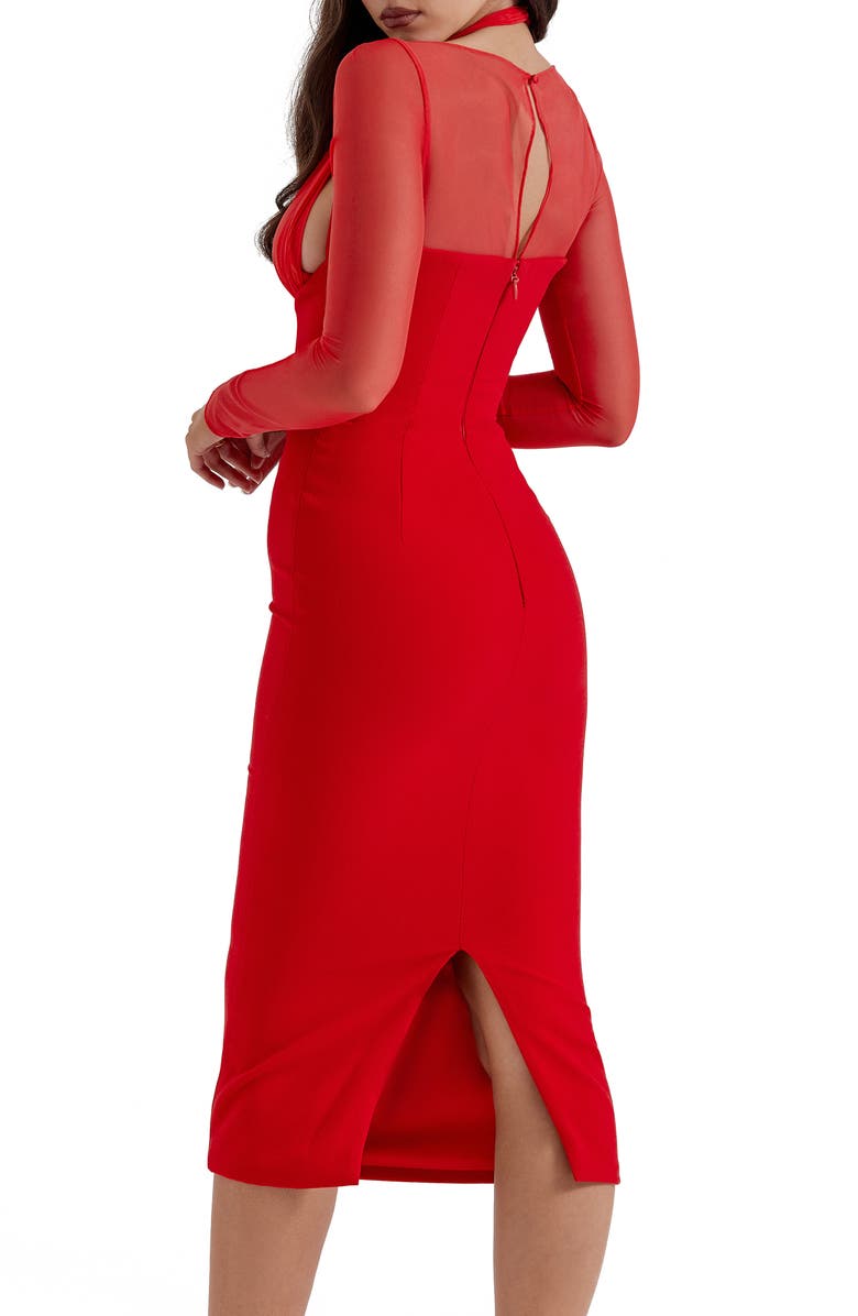 HOUSE OF CB Yasmin Long Sleeve Body-Con Midi Cocktail Dress, Alternate, color, True Red