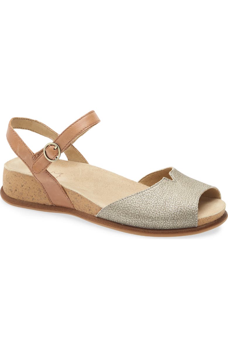 Dansko Cass Ankle Strap Peep Toe Wedge Sandal, Main, color, Platino/Tan Leather