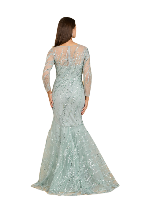 Lara New York Long Sleeve Mermaid Beaded Gown In Seafoam