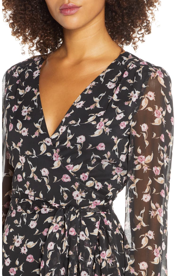The Meryl Floral Long Sleeve Wrap Gown, Alternate, color, BLACK ALLOVER BLOSSOMS