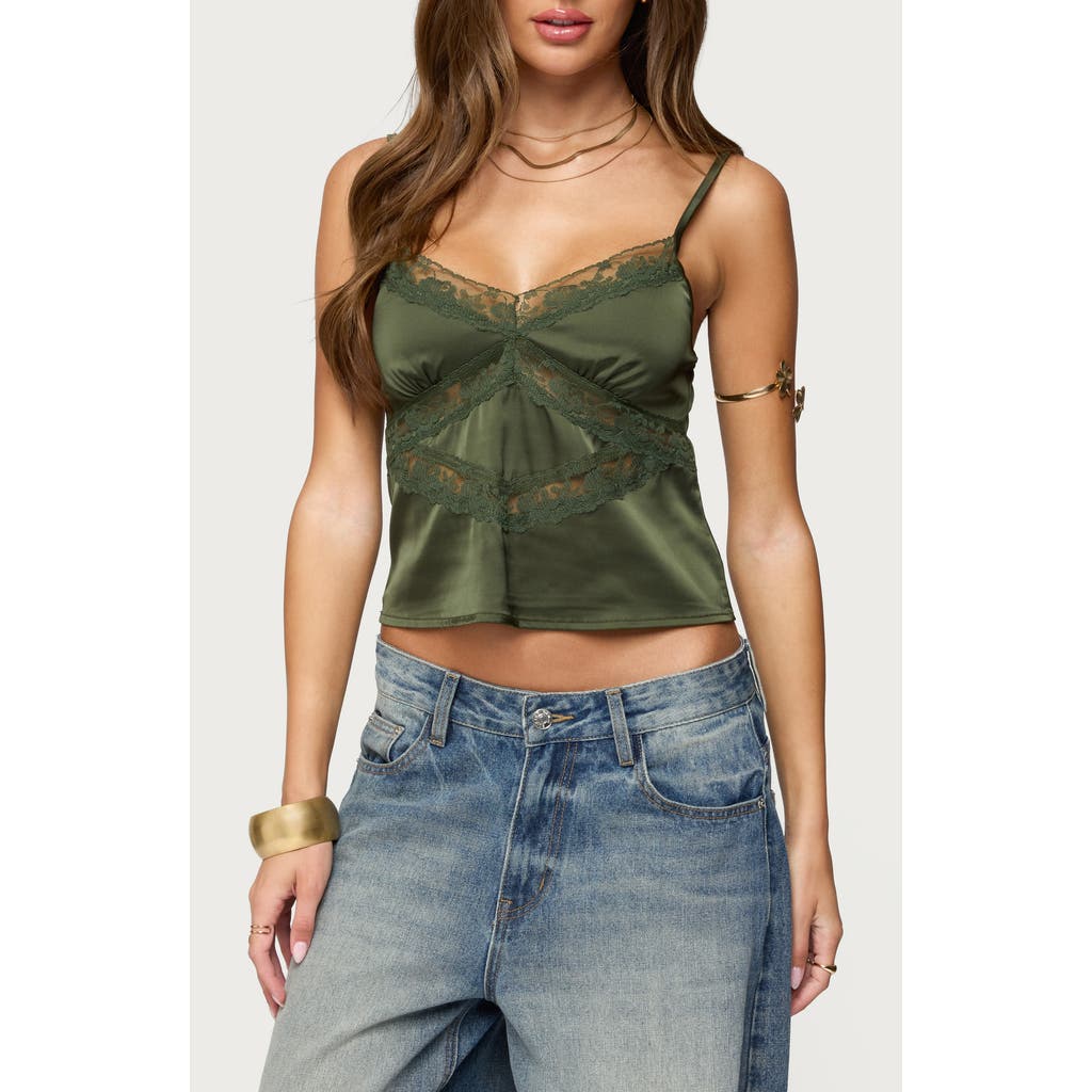 Edikted Tamar Lace Trim Satin Camisole In Green