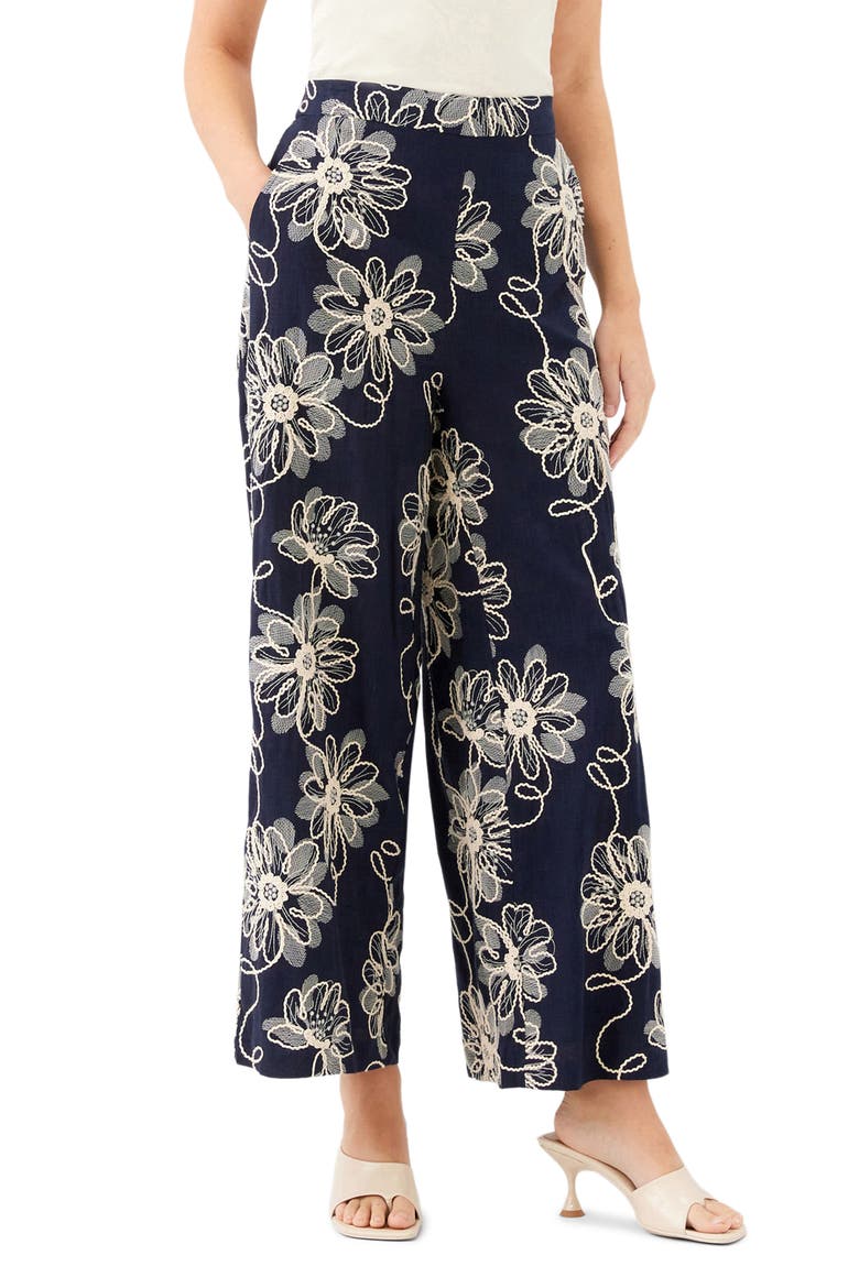 Adara Floral Embroidered Wide Leg Pants, Alternate, color, NAVY