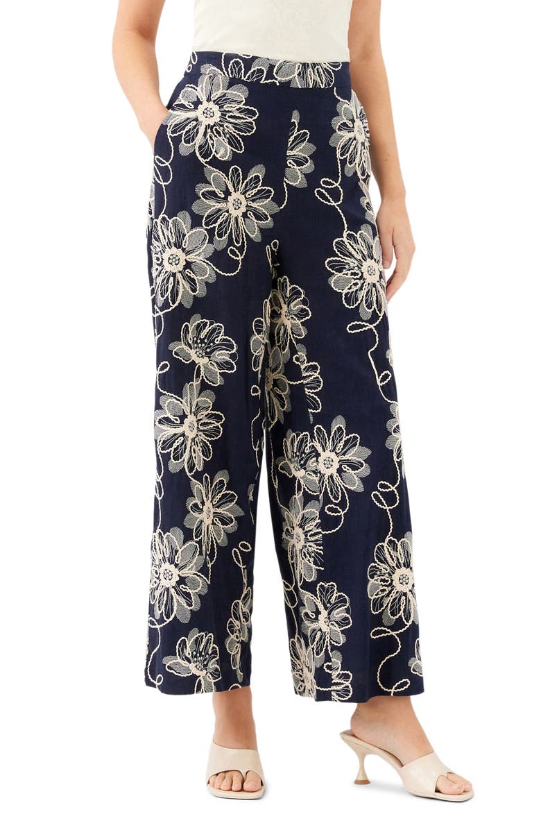 FIFTEEN TWENTY Adara Floral Embroidered Wide Leg Pants, Alternate, color, Navy