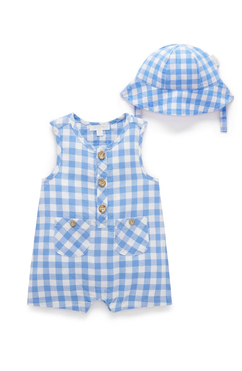 Purebaby Linen Blend Romper & Sunhat, Main, color, Ocean Gingham