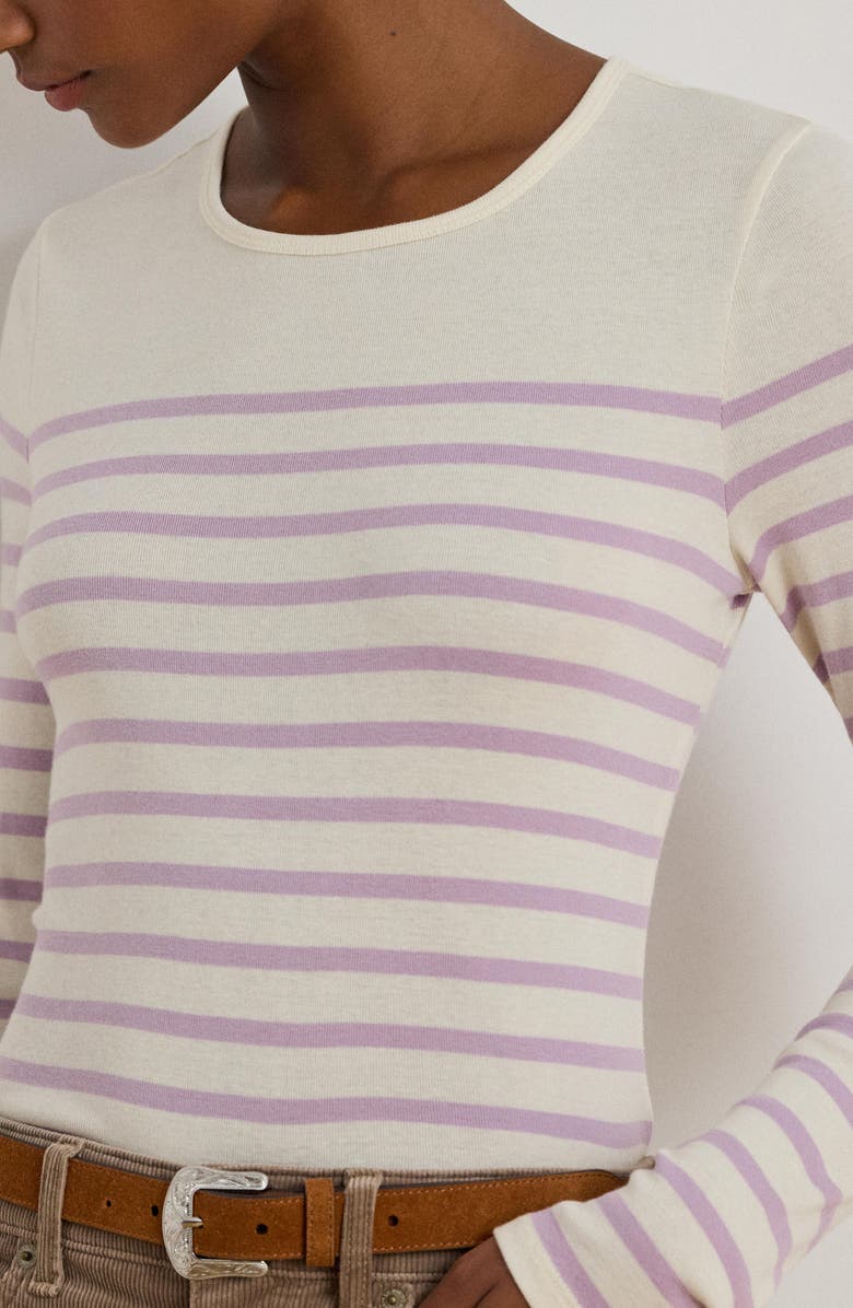 Lauren Ralph Lauren Stripe Long Sleeve Cotton Top, Alternate, color, Masc Cream/ Lavender Frost