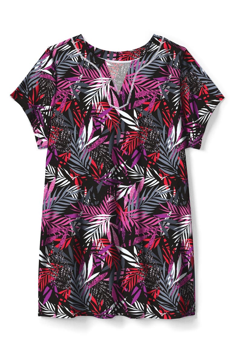 Longer Length Notch Neck Short Sleeve Swim Tunic, Alternate, color, MULTI TEXTURED PALM