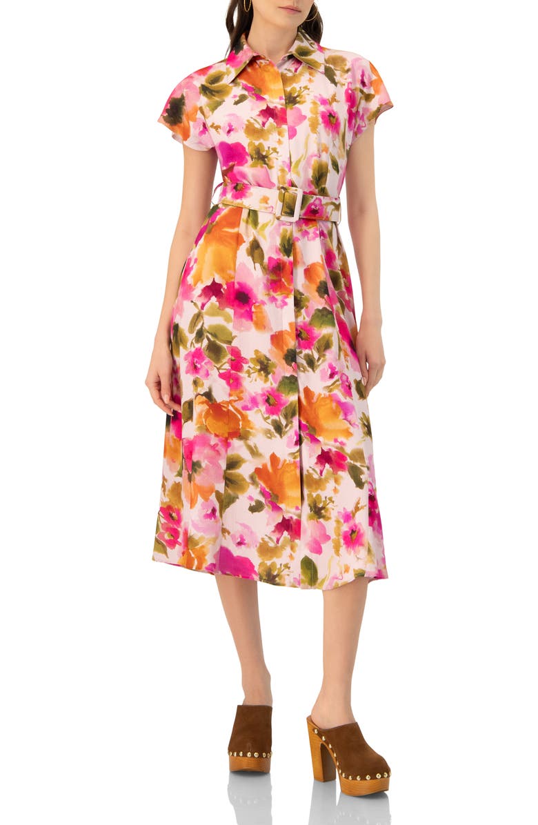 IVONNE Midi Belted Floral Print Shirt Style Dress, Main, color, Multicolor-Pink