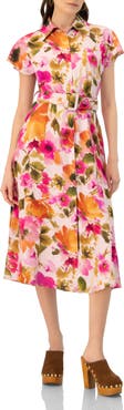 IVONNE Midi Belted Floral Print Shirt Style Dress