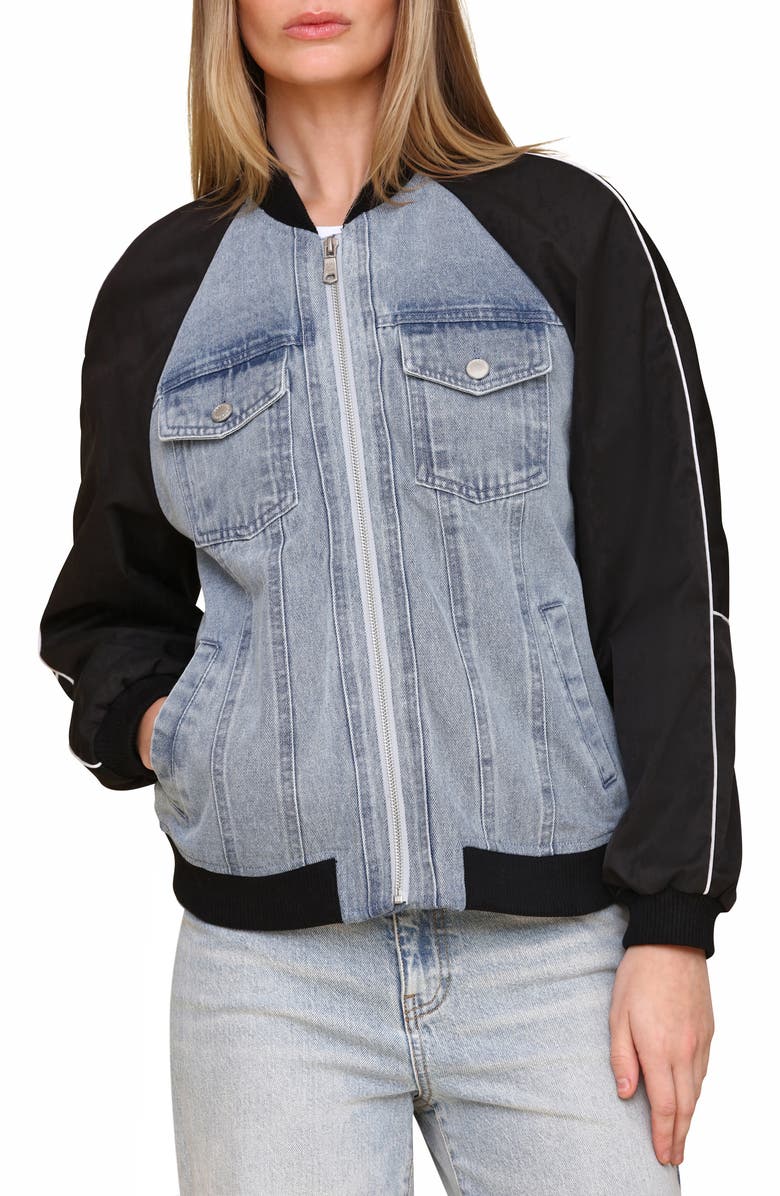 Avec Les Filles Mixed Media Denim Bomber Jacket, Alternate, color,