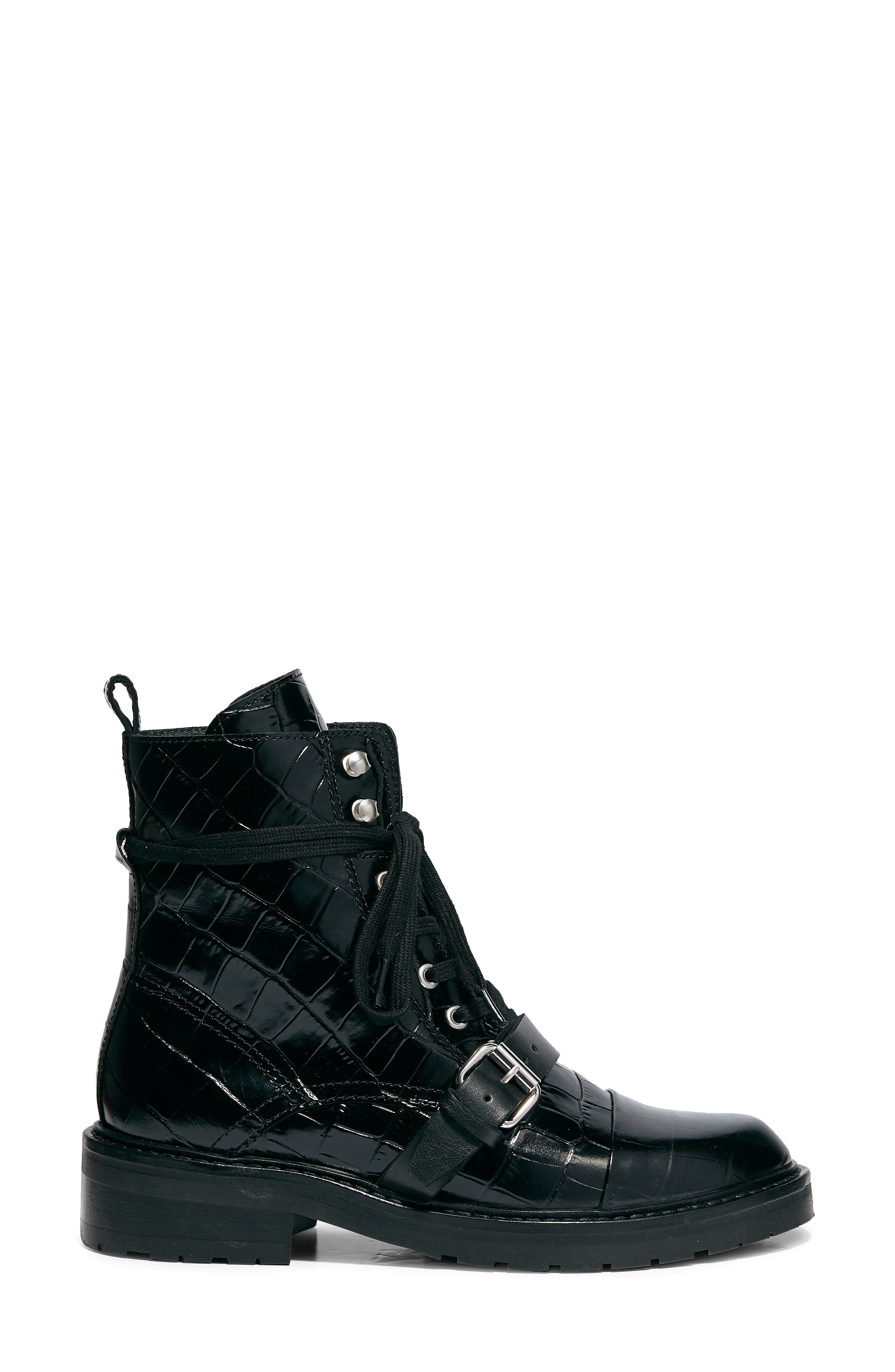Donita Combat Boot, Alternate, color, BLACK CROC LEATHER