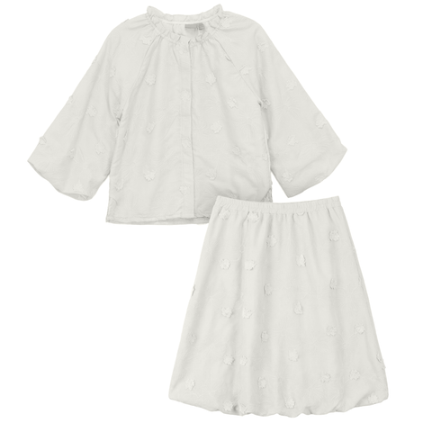 Floral Embroidery Applique Ruffle Neckline Shirred Blouse and Skirt Set (Big Kid)