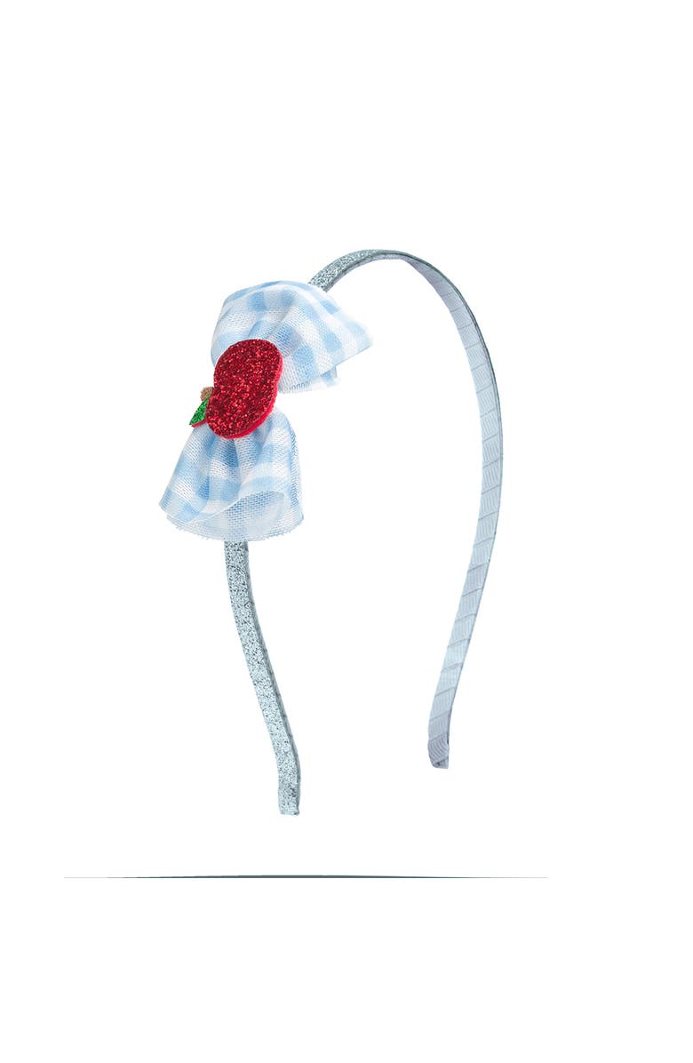 Sweet Wink Apple Gingham Tulle Bow Headband, Main, color, Light Blue