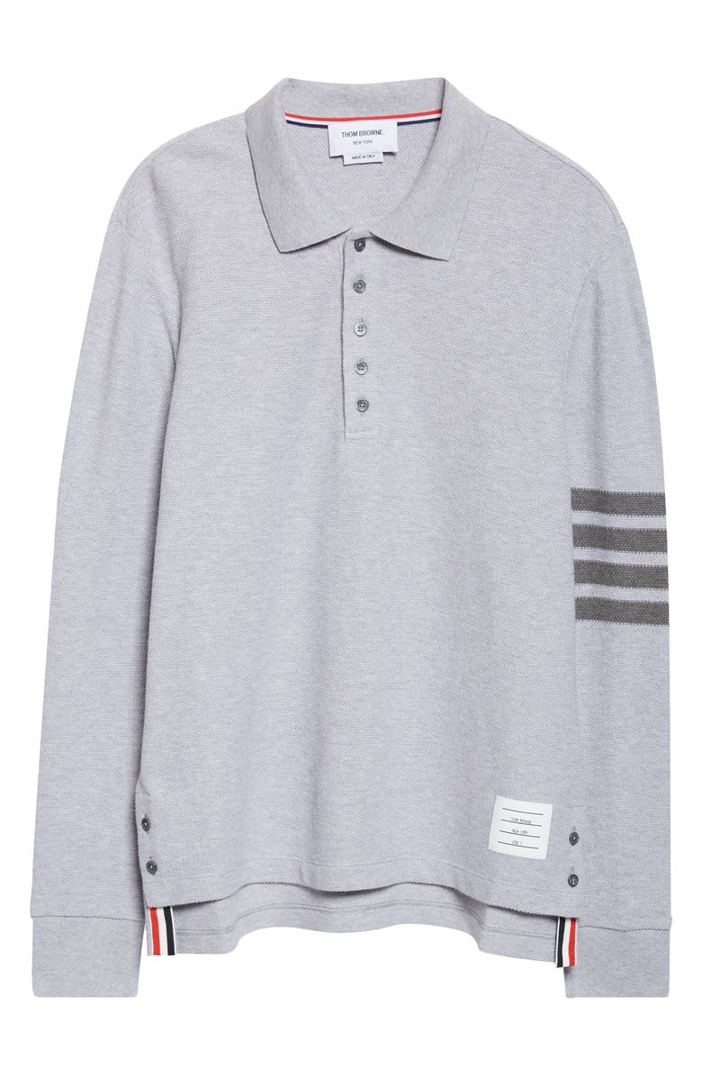 Thom Browne 4-Bar Long Sleeve Cotton Piqué Polo, Main, color, Pale Grey