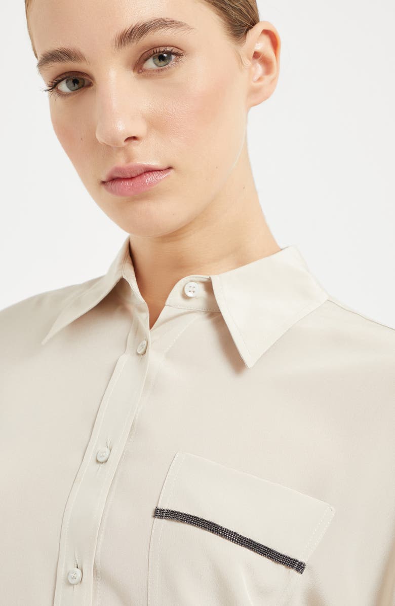 Brunello Cucinelli Silk crêpe de Chine shirt with shiny pocket detail, Alternate, color, 