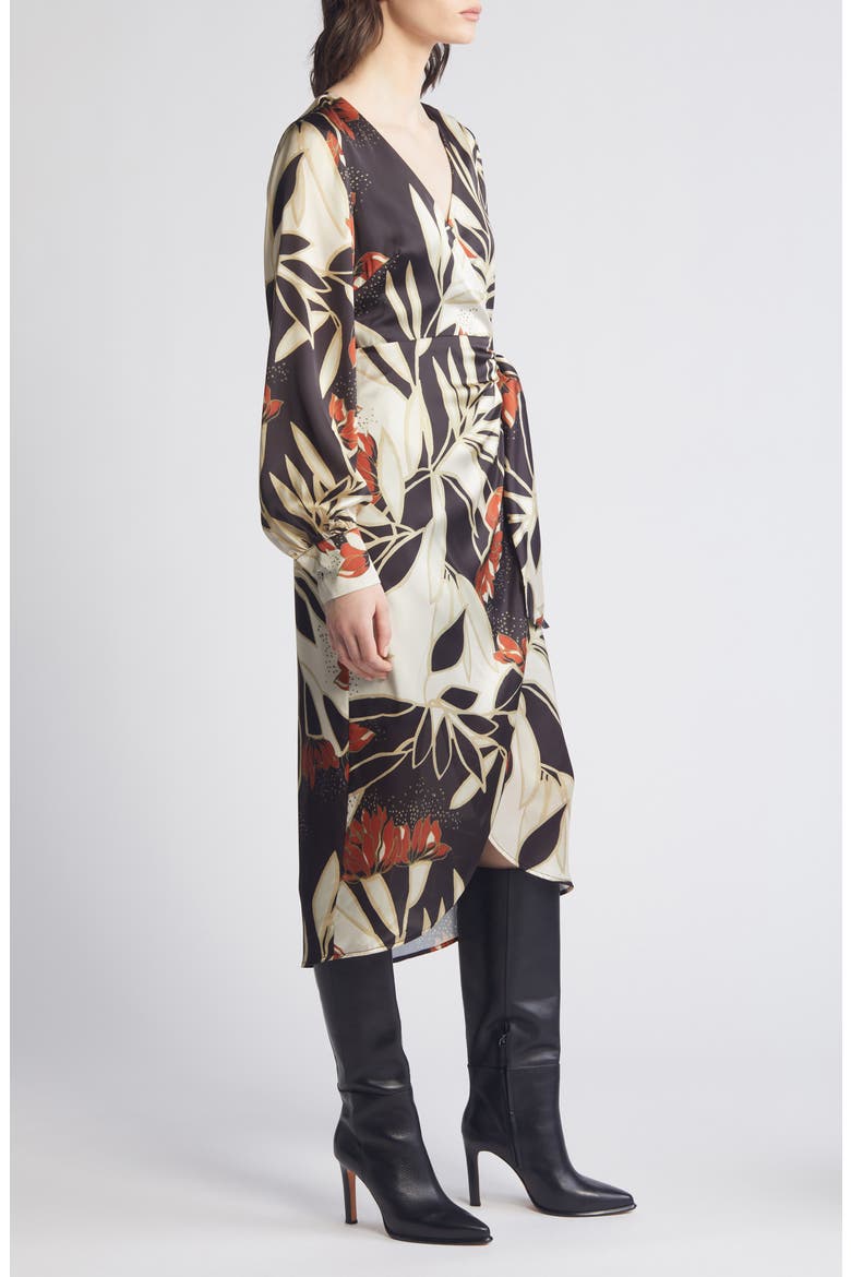 Protea Long Sleeve Satin Wrap Dress, Alternate, color, BLACK MULTI