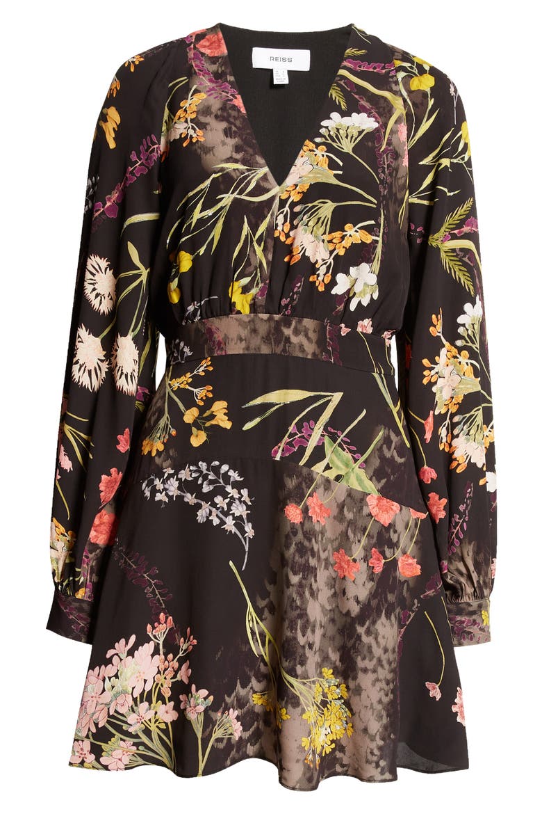 Keira Floral Long Sleeve Minidress, Alternate, color, BLACK