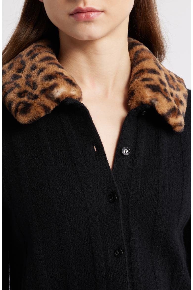 Hannah Wool Cardigan with Faux Fur Collar, Alternate, color, BLACK LEOPARD