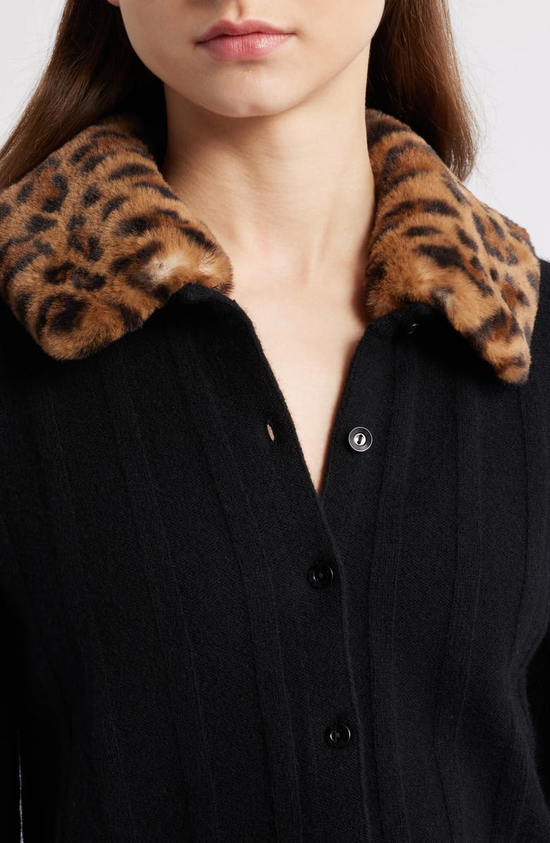 Reformation Hannah Wool Cardigan with Faux Fur Collar, Alternate, color, Black Leopard
