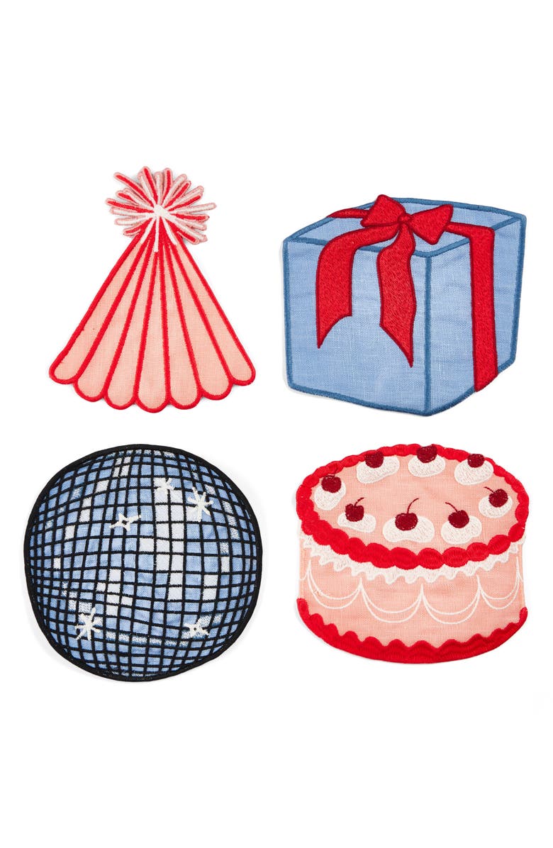 PIECEWORK PUZZLES Birthday Assorted Set of 4 Linen Napkins, Main, color, Pink