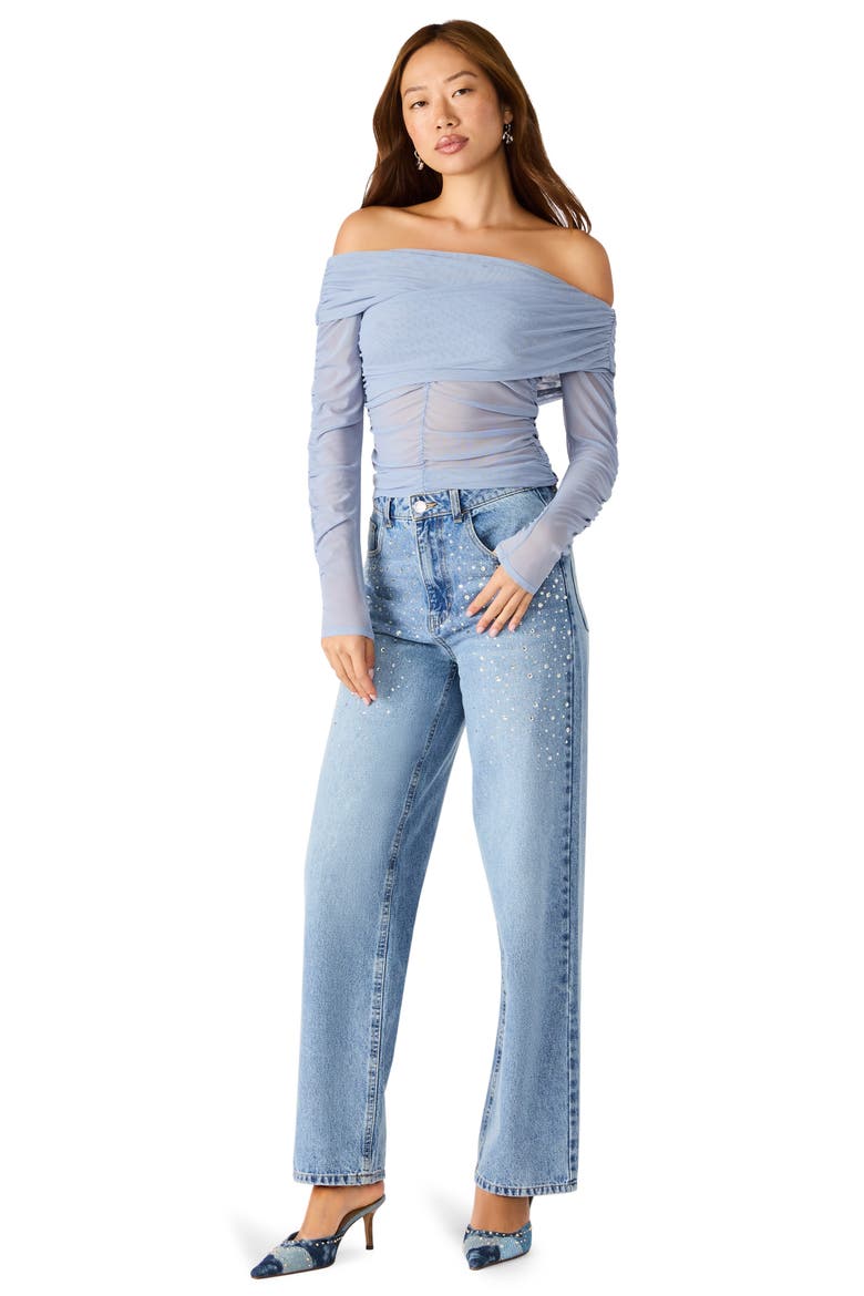 Viktoria Off-the-Shoulder Mesh Top, Alternate, color, STONE BLUE