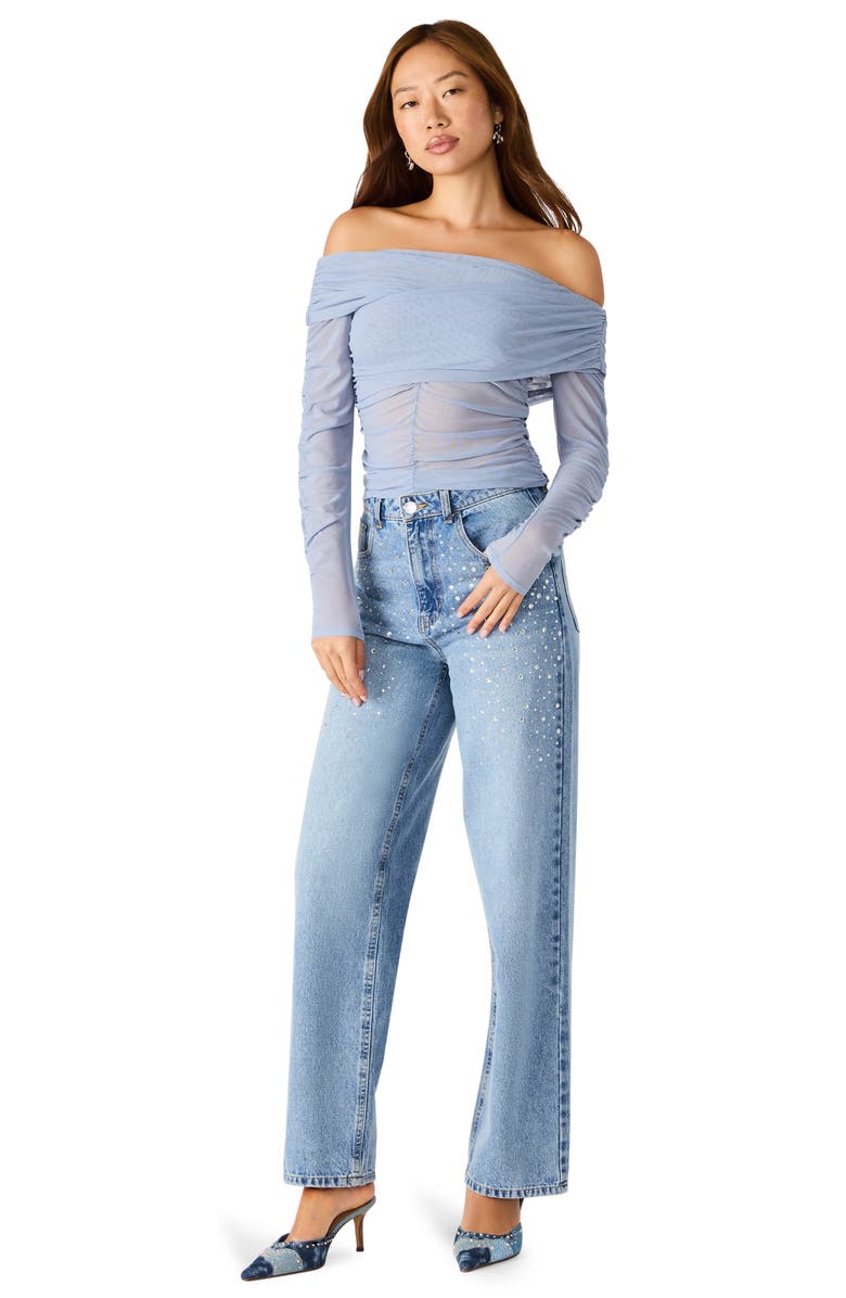 Steve Madden Viktoria Off-the-Shoulder Mesh Top, Alternate, color, Stone Blue