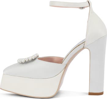 Maeissa Pearly Brooch Ankle Strap Platform Pump