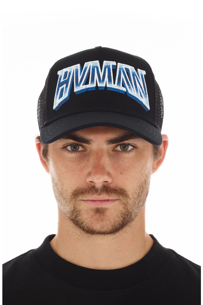 Logo Mesh Trucker Hat, Main, color, BLACK