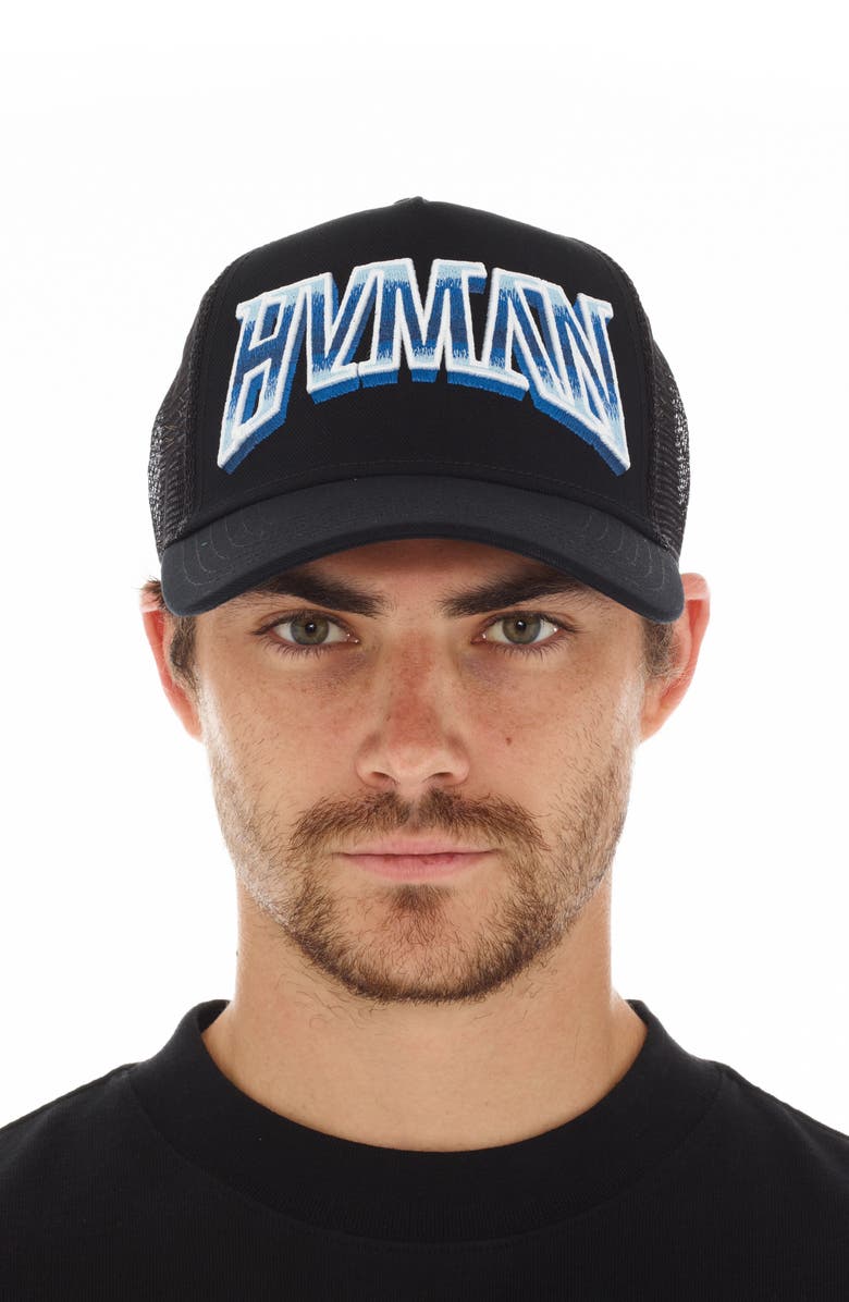 HVMAN Logo Mesh Trucker Hat, Main, color, Black