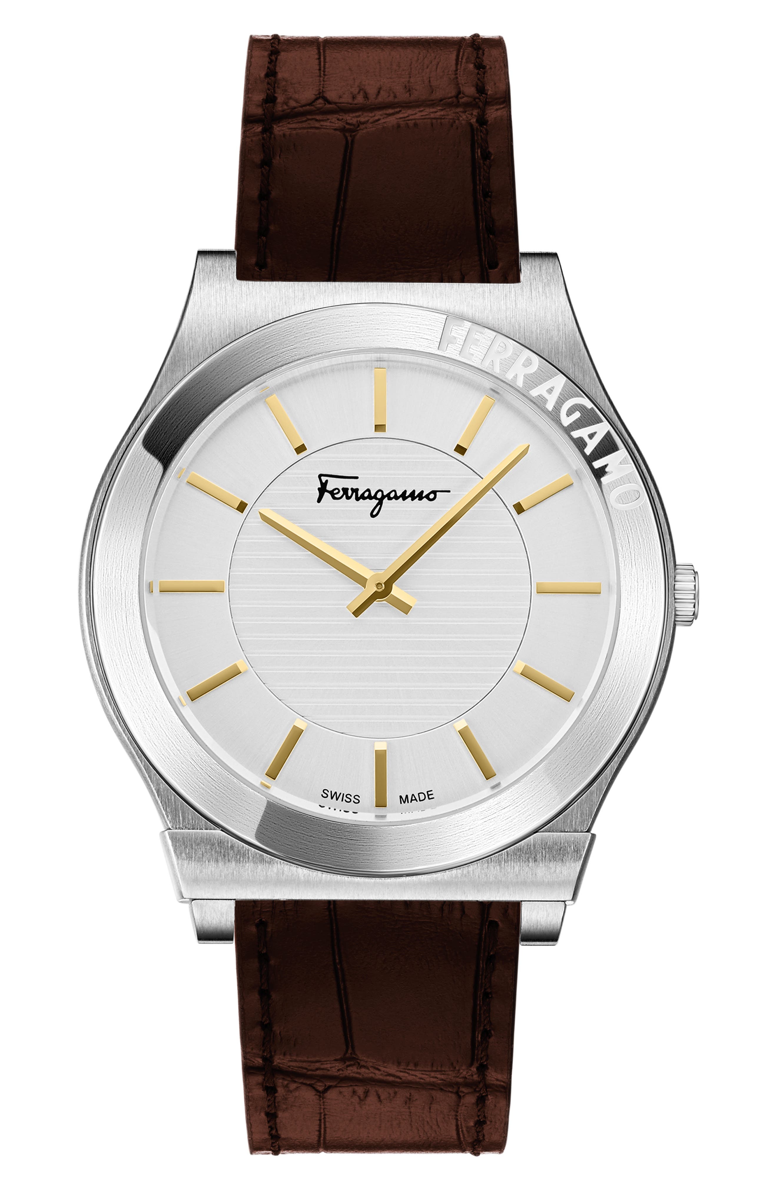 FERRAGAMO Gancini Swiss Quartz Leather Strap Watch, 42mm