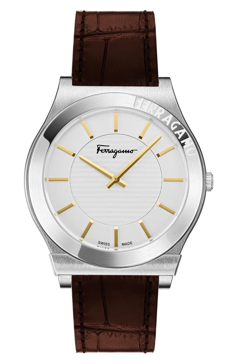 FERRAGAMO Gancini Swiss Quartz Leather Strap Watch, 42mm, Main, color, Stainless Steel