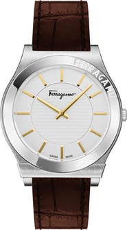 FERRAGAMO Gancini Swiss Quartz Leather Strap Watch, 42mm