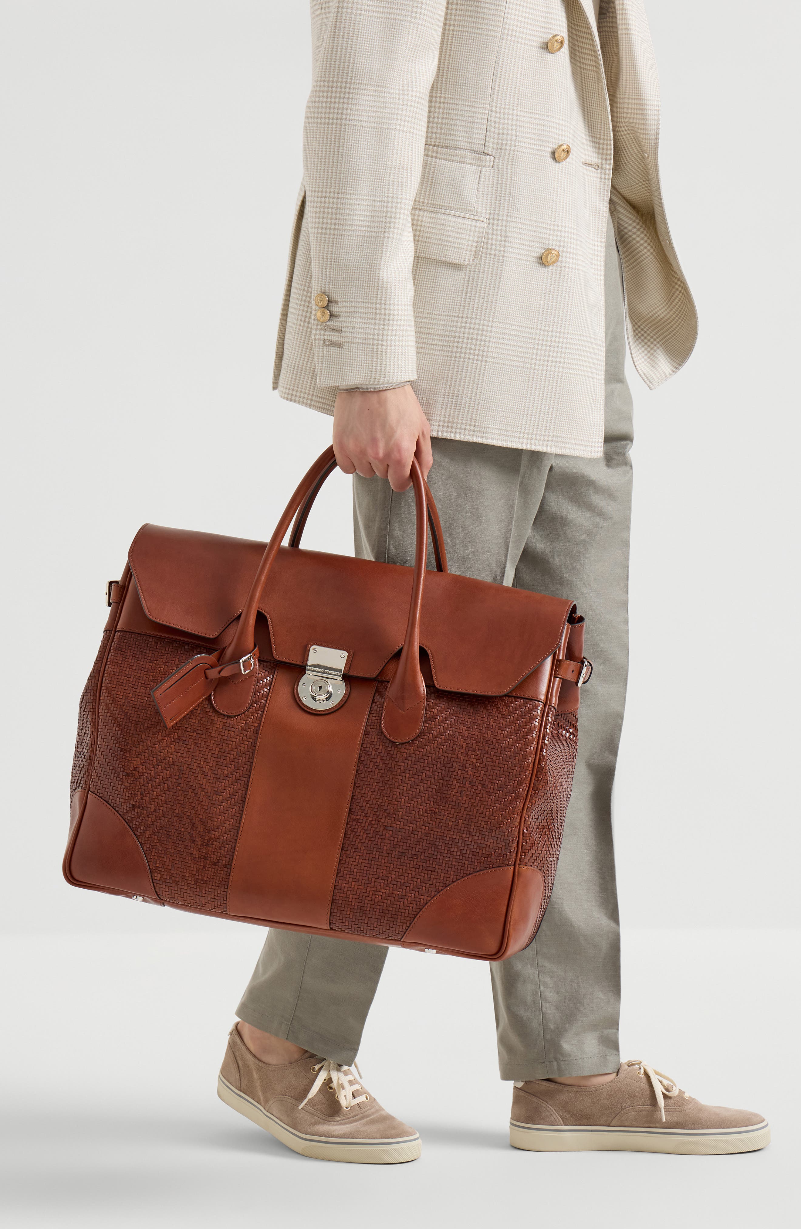 Brunello Cucinelli Leather and cowhide boston bag, Alternate, color, Cognac